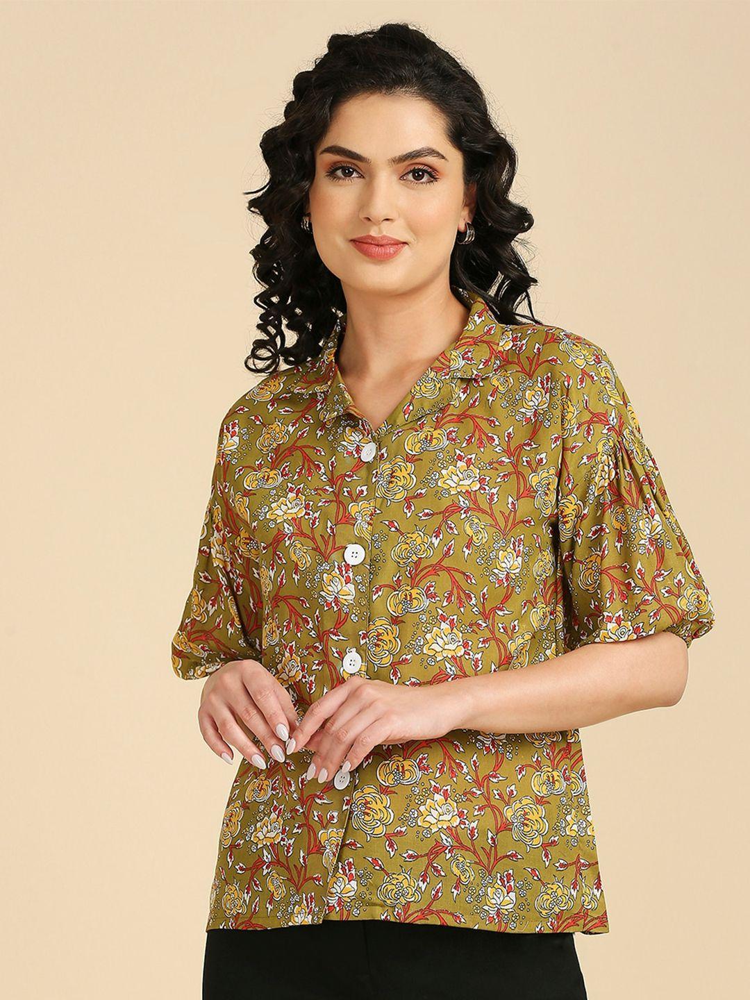 gufrina olive green floral print cotton shirt style top