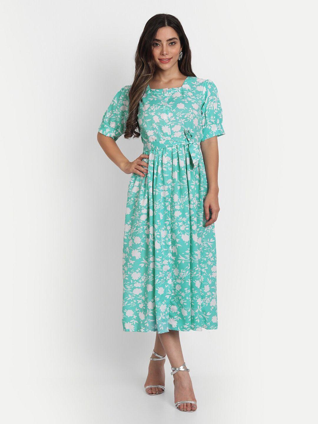 gufrina sea green & white floral printed crepe midi dress