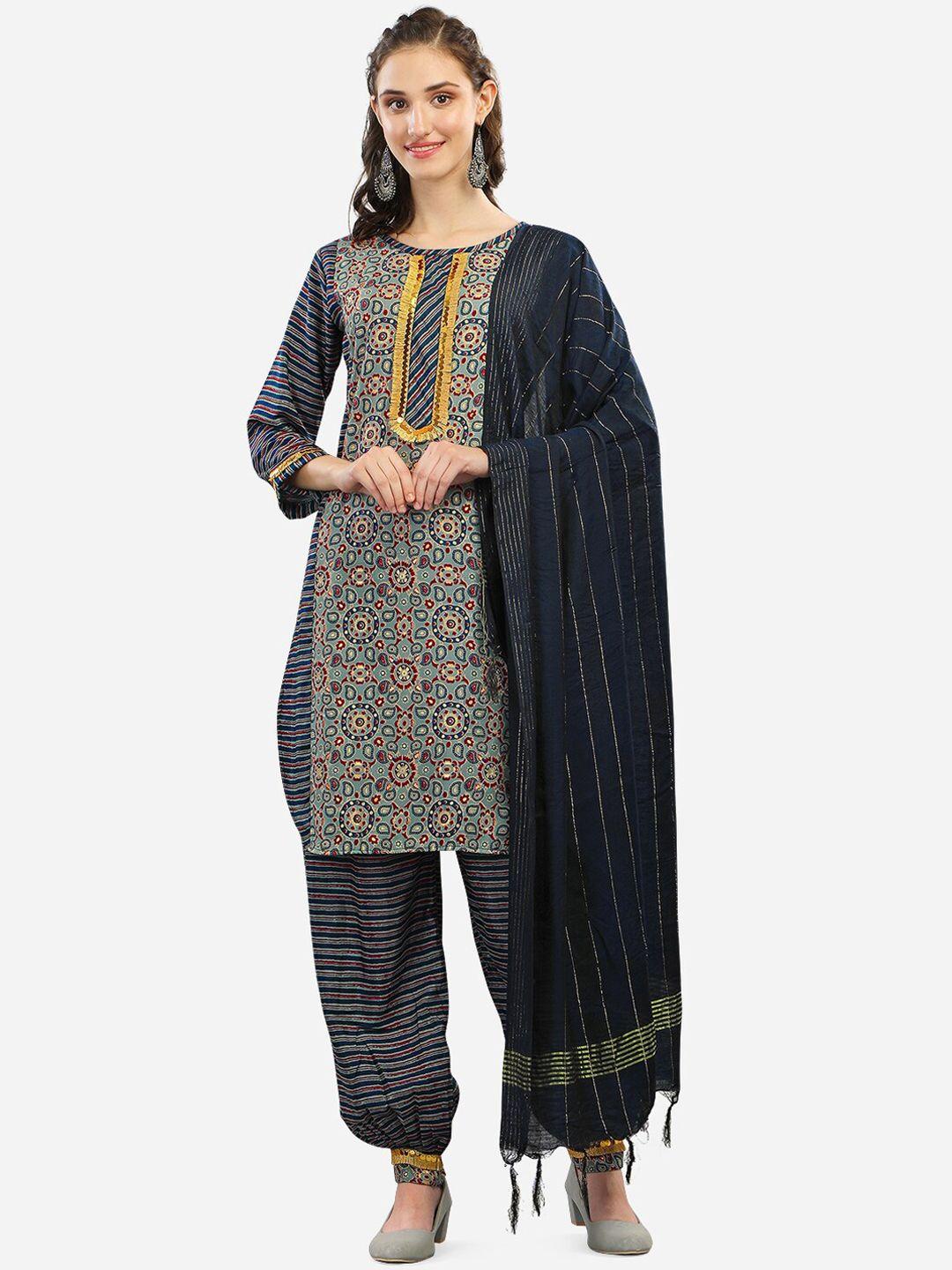 gufrina women blue floral printed kurta with harem pants & with dupatta
