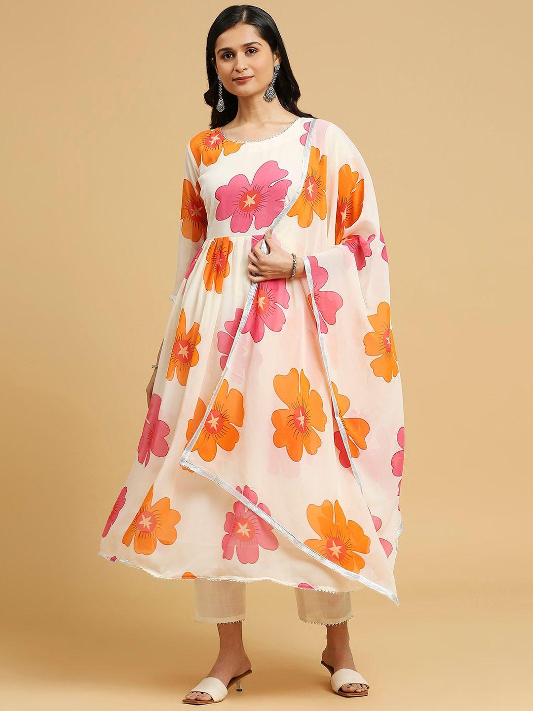 gufrina women floral printed pleated kurti with trousers & with dupatta