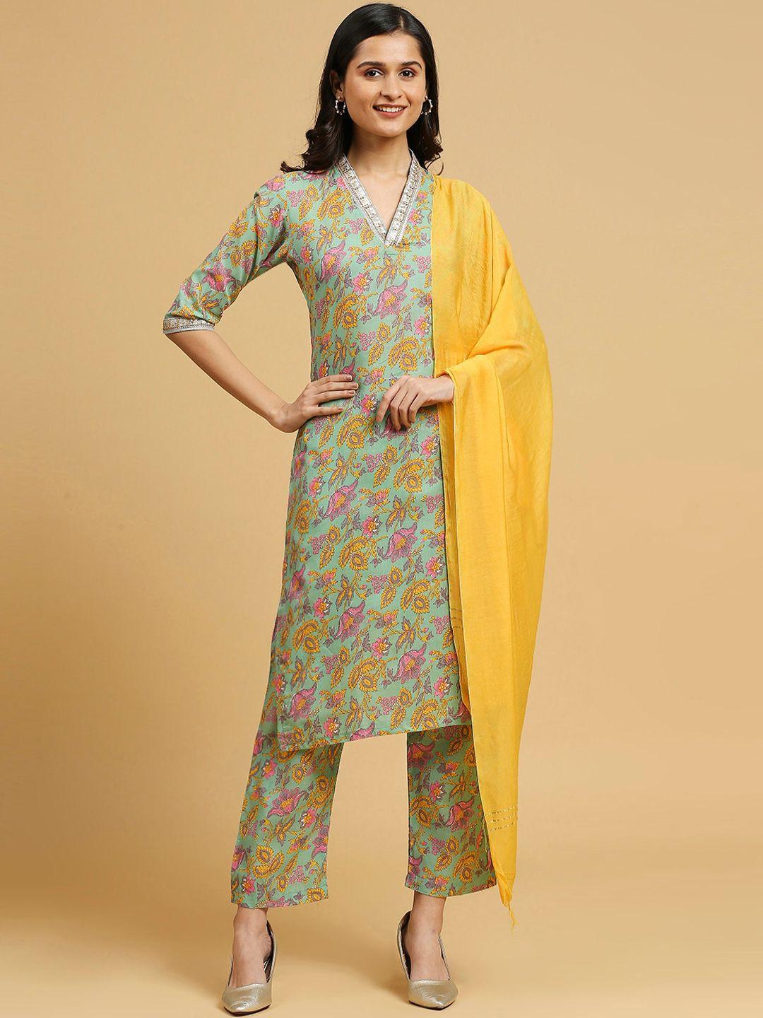 gufrina women floral printed regular sequinned kurti with trousers & with dupatta