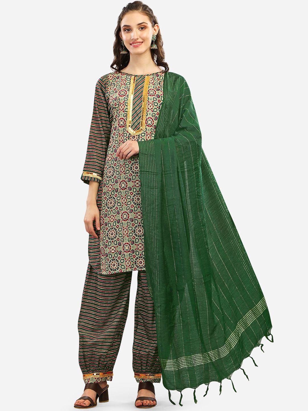 gufrina women green ethnic motifs printed kurta with salwar & with dupatta