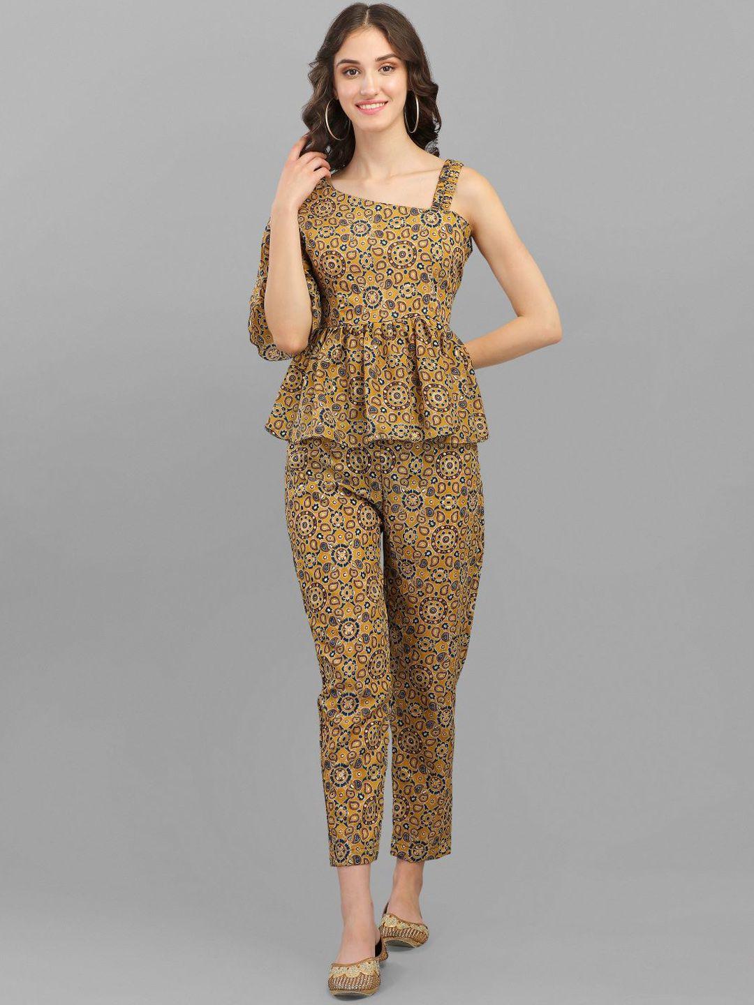 gufrina women mustard & navy blue printed top with trousers