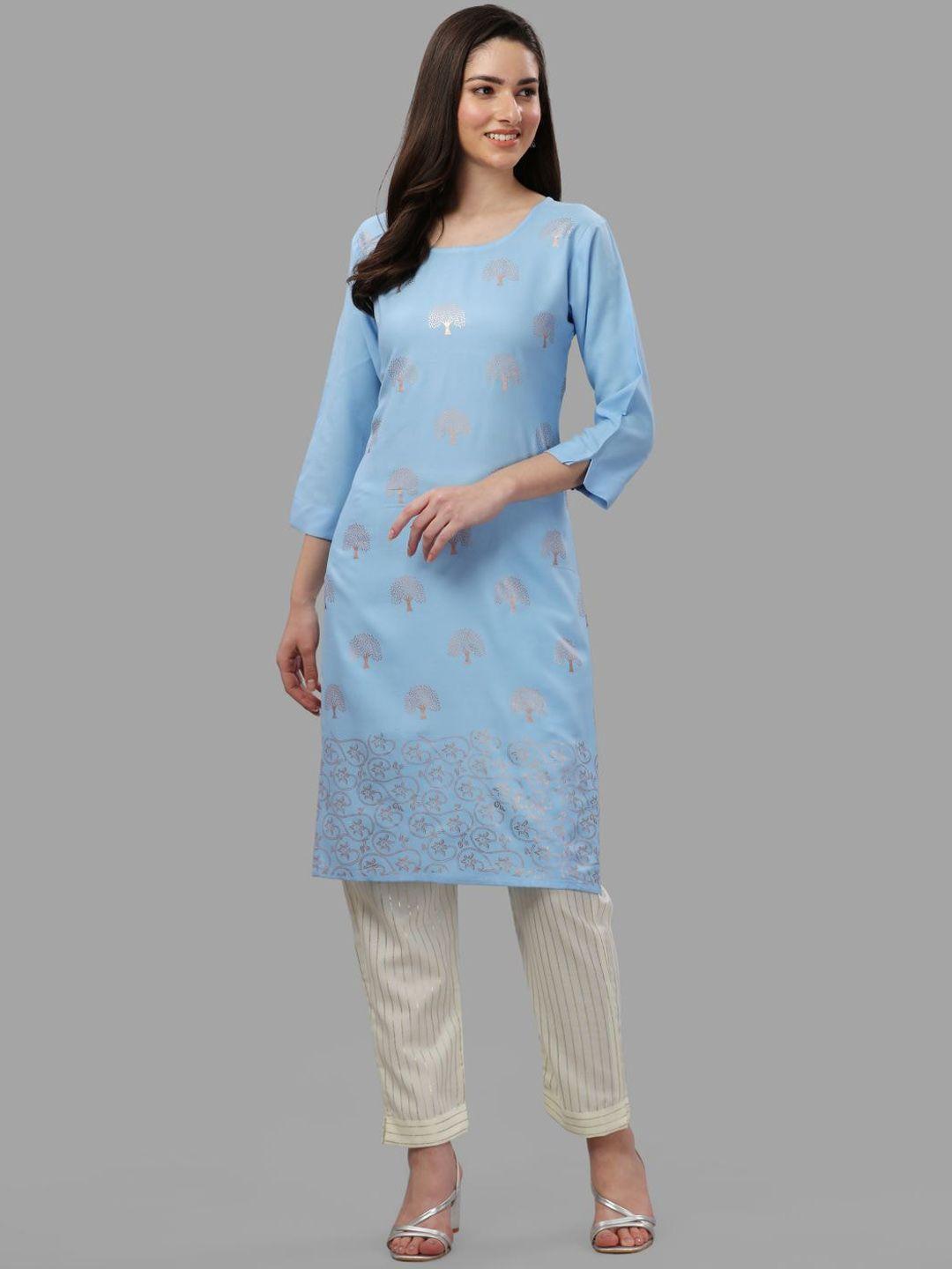 gufrina women turquoise blue floral printed kurta with trousers