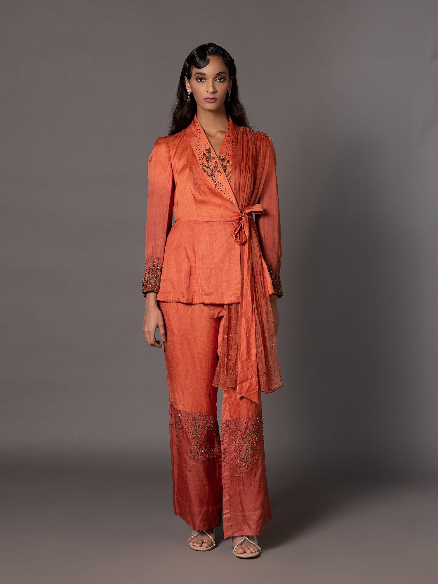 gujri rust jacket with beaded pant (set of 2)