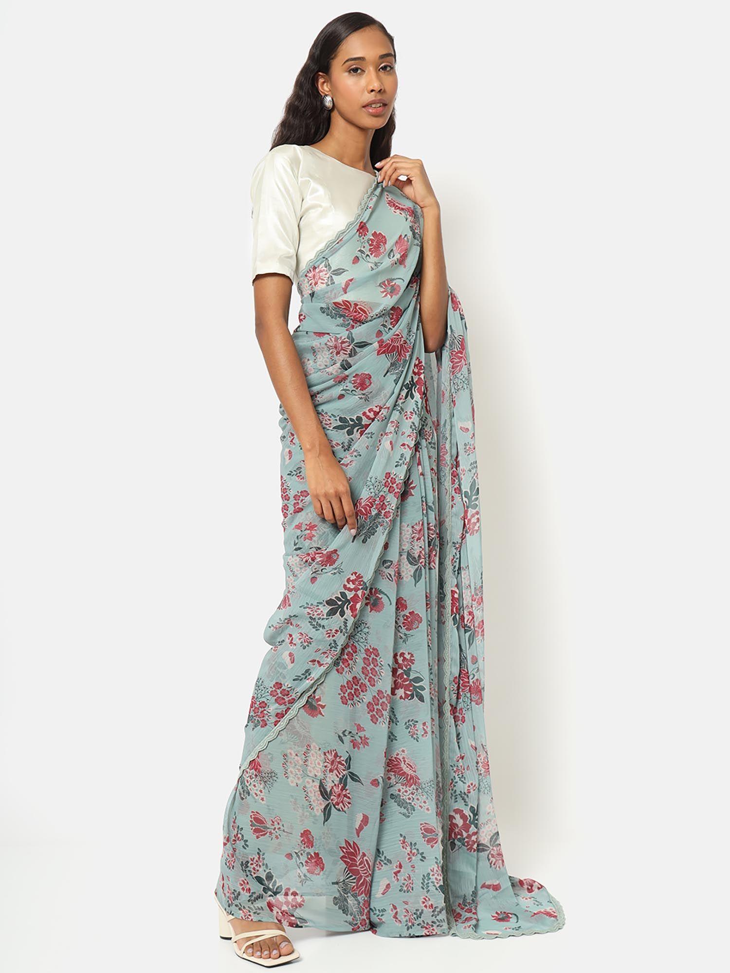 gul mint blue printed saree with unstitched blouse