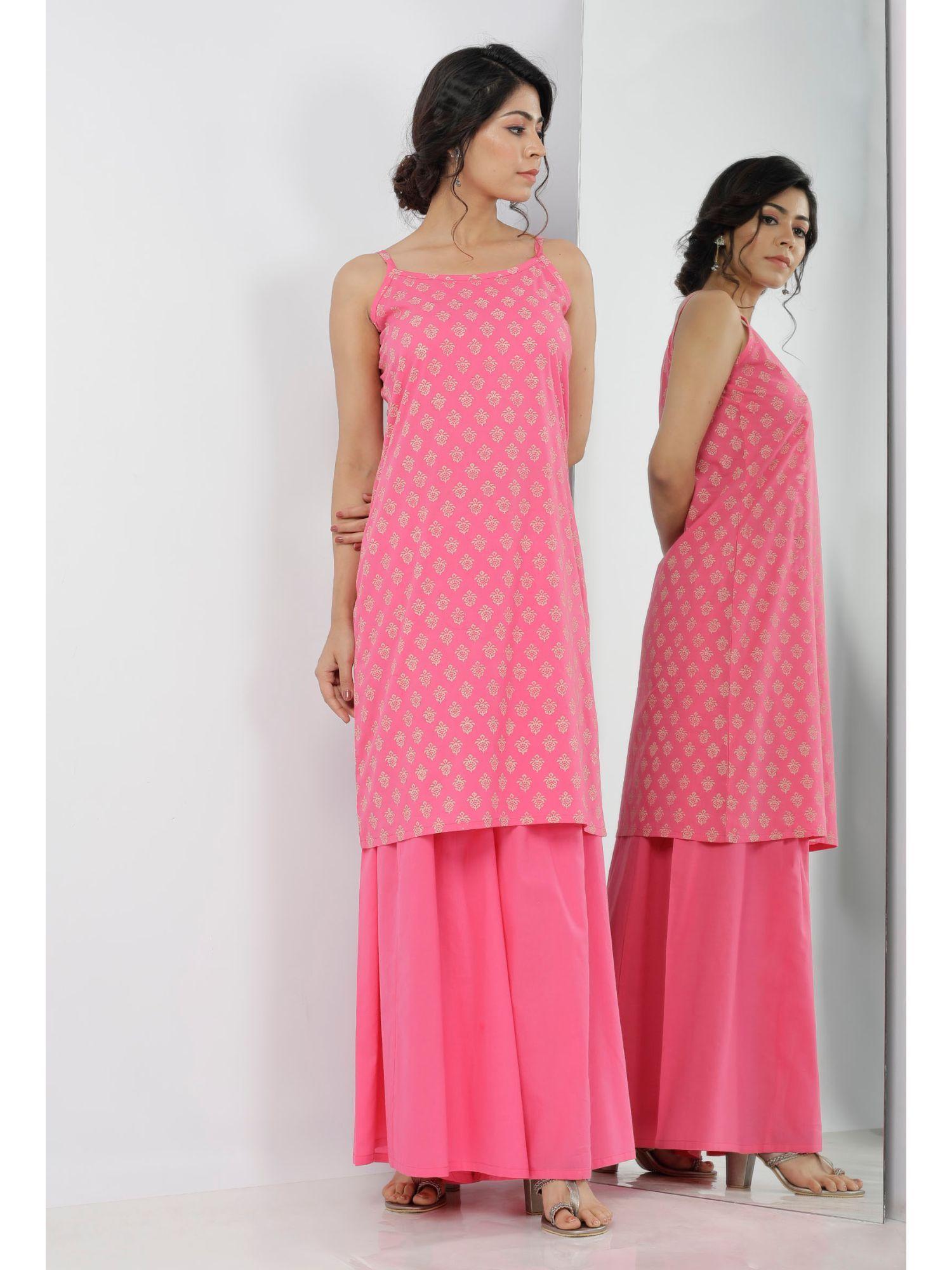 gul pink buti hand-block printed cotton slip kurta with flared palazzo (set of 2)