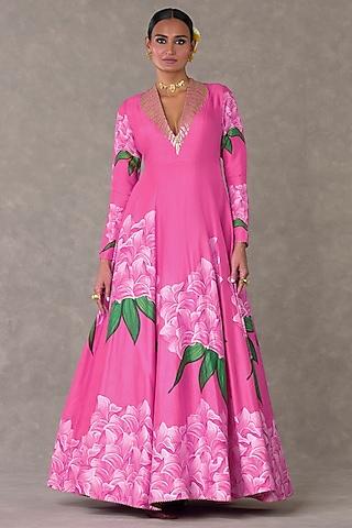 gulaab pink raw silk placement printed gown
