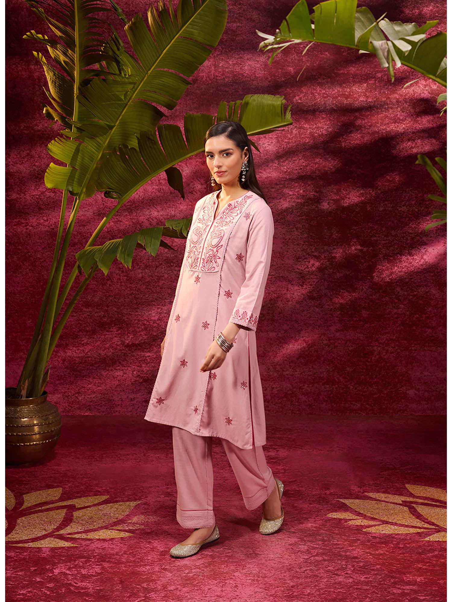 gulaab rose pink embroidered cotton linen kurta with pant for women (set of 2)