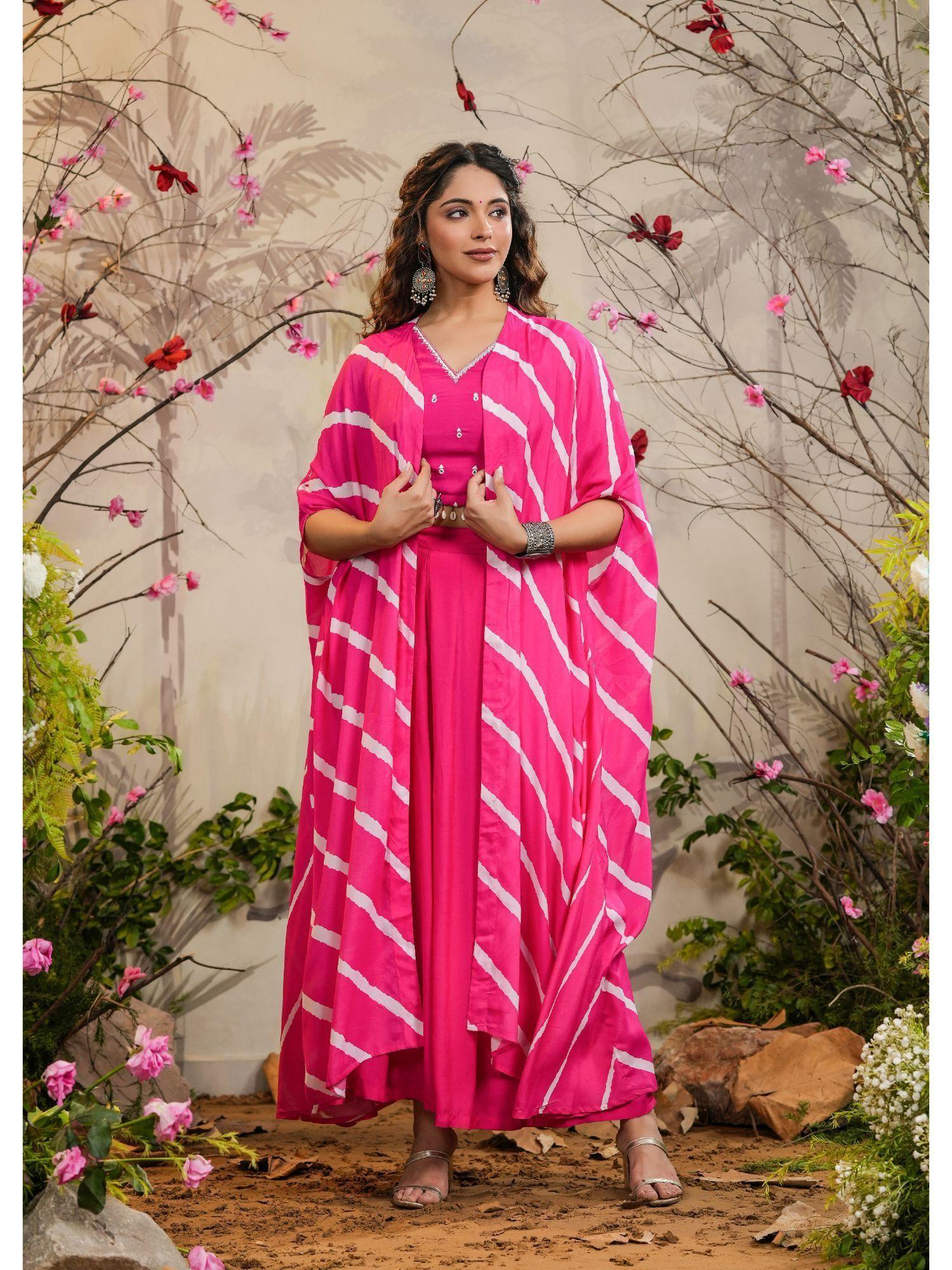 gulaal pink solid palazzos with blouse & leheriya cape (set of 3)