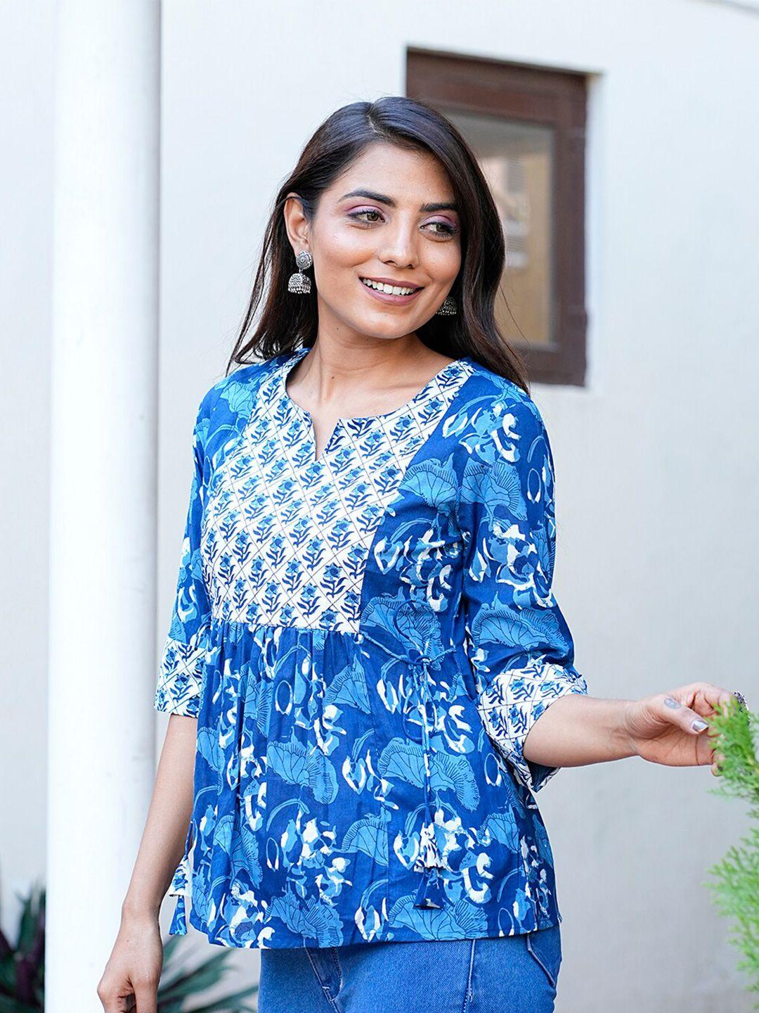 gulab chand trends blue floral print cotton tiered top