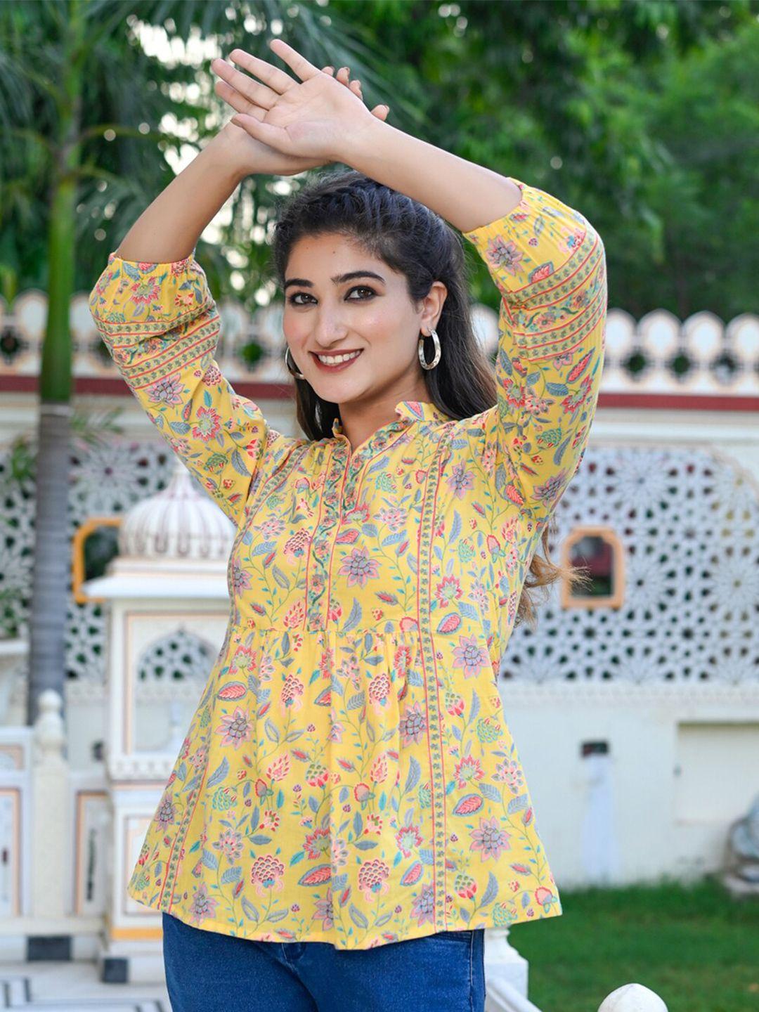gulab chand trends floral print mandarin collar cuffed sleeves pleated cotton top