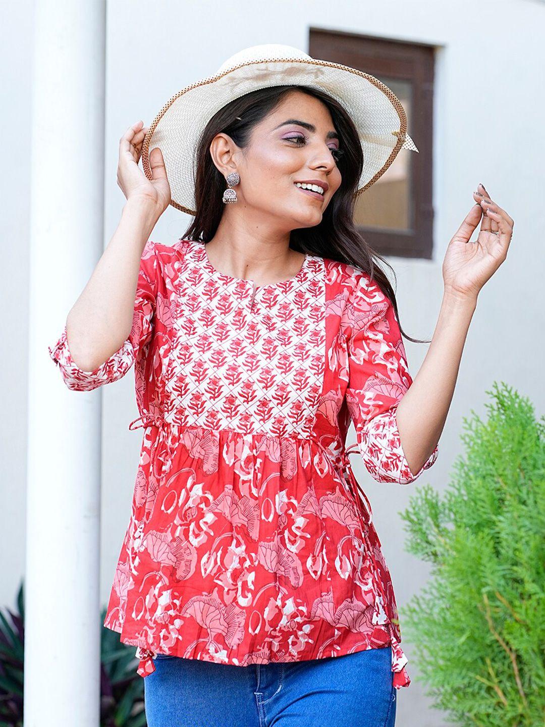 gulab chand trends red floral print cotton top