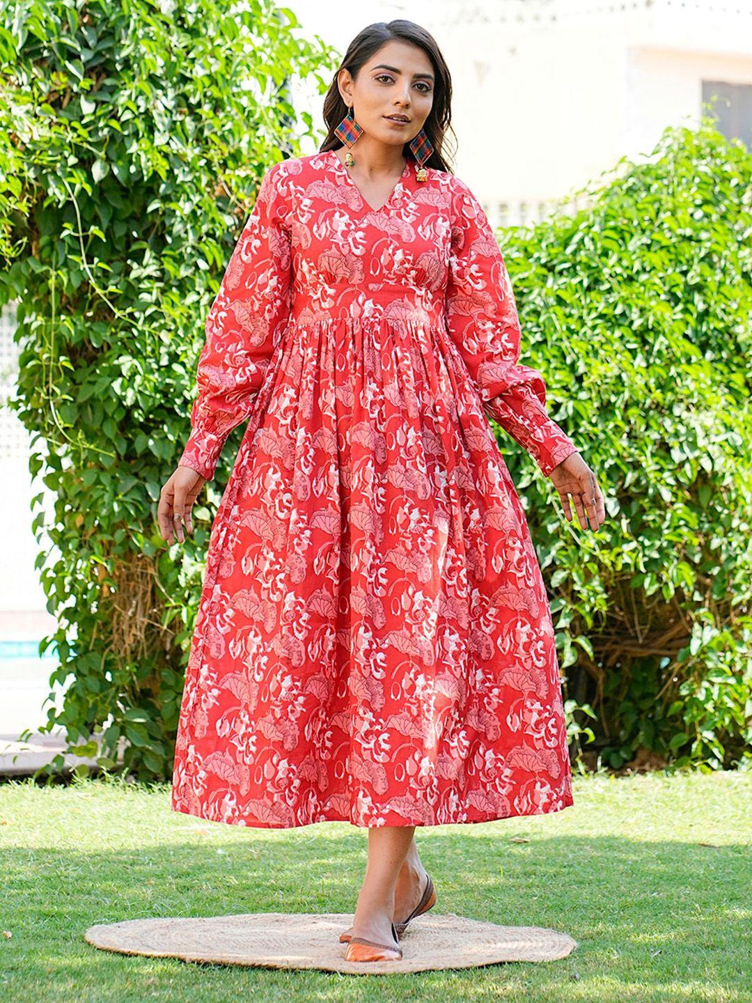 gulab chand trends red floral print formal fit & flare dress