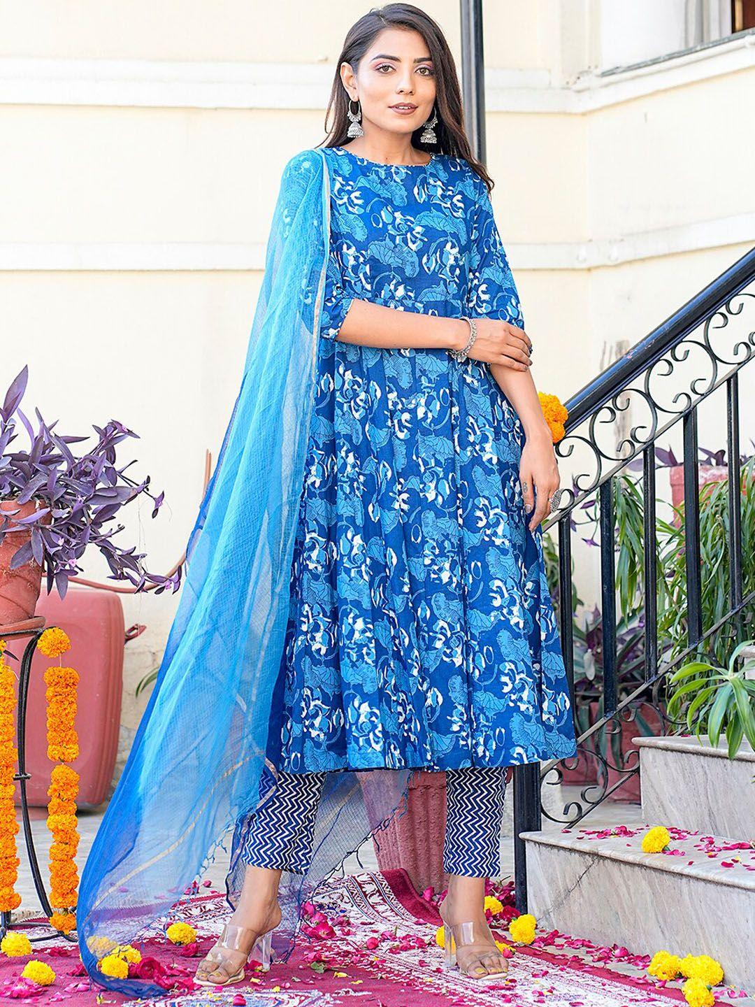gulab chand trends  floral printed anarkali pure cotton kurta with trouser & dupatta