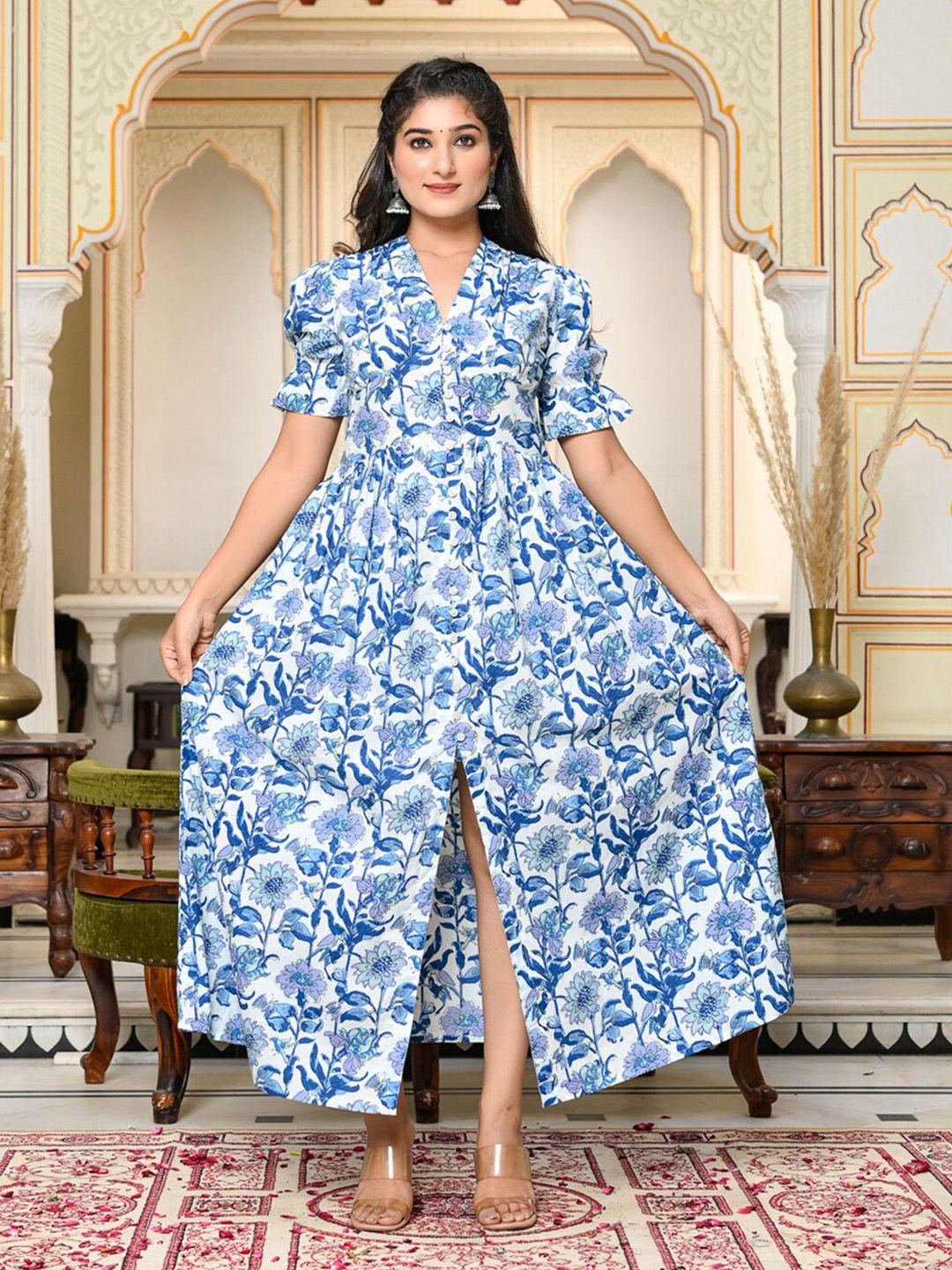 gulab chand trends floral printed v-neck gathered detailed cotton a-line maxi ethnic dress