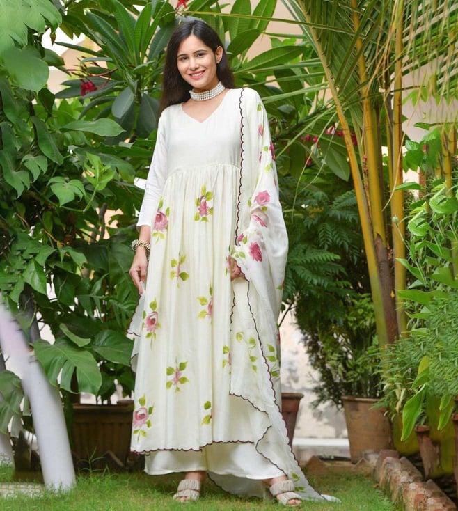 gulabi dori cream floral handpainted anarkali with pant and dupatta