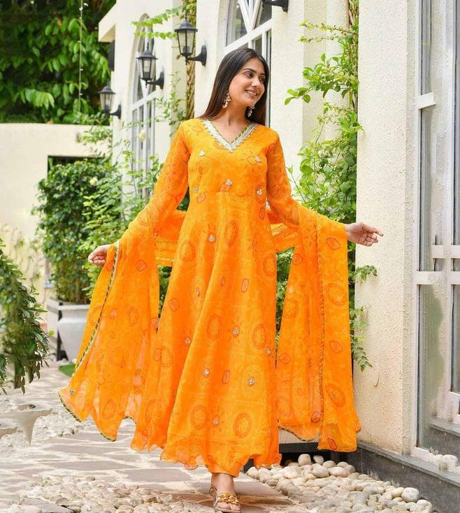 gulabi dori orange chiffon bandhej anarkali kurta with pant and dupatta