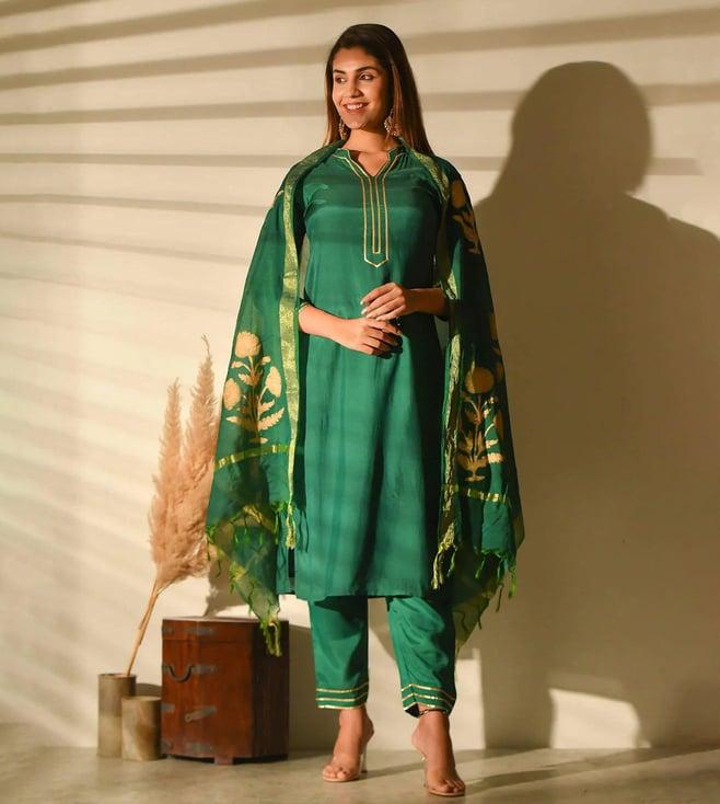 gulabi dori parrot green muslin kurta with pant and dupatta