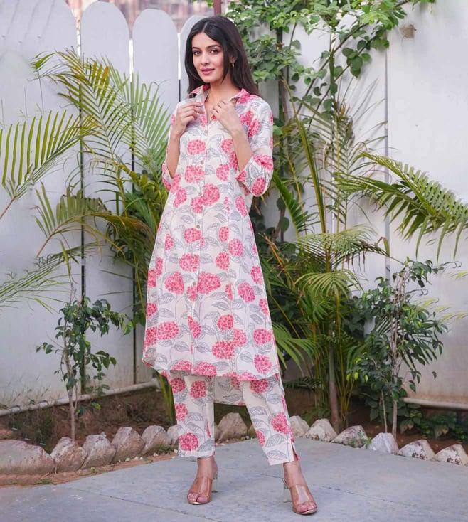 gulabi dori pink & cream cotton kurta with pant