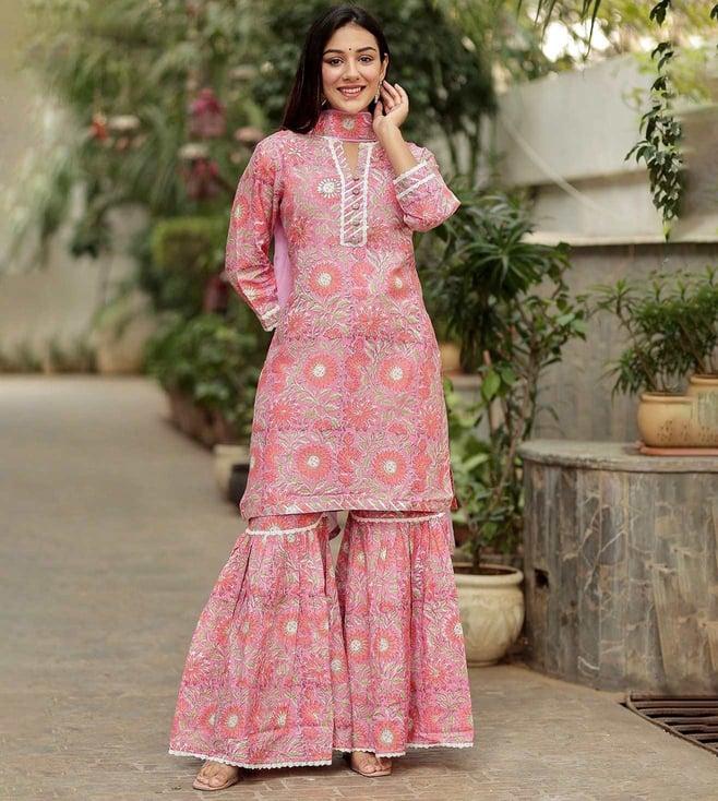 gulabi dori pink muslin handblock kurta with sharara and dupatta