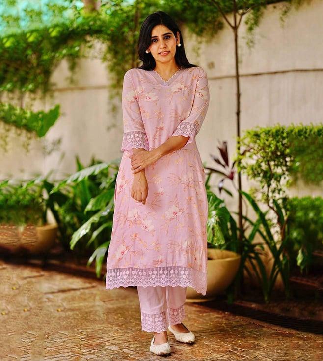 gulabi dori pink muslin kurta with pant with lace work