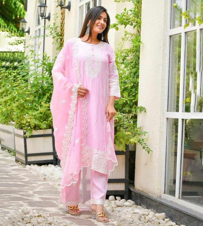 gulabi dori soft pink heavily embroidered muslin kurta with pant and dupatta