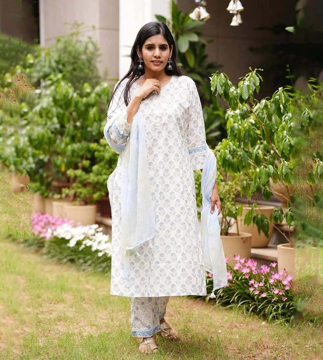 gulabi dori white blue handblock kurta with pant and kota dupatta