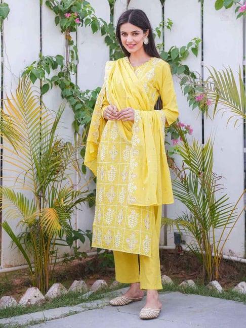 gulabi dori yellow cotton flex kurta with pant and dupatta with embroidery