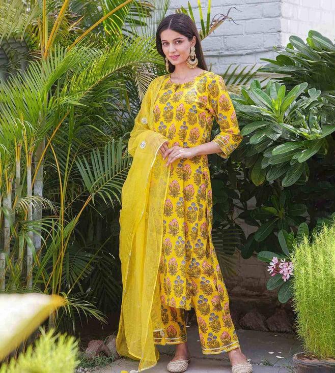 gulabi dori yellow cotton handblock kurta with pant and dupatta