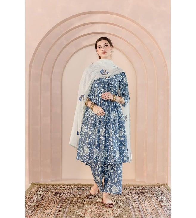 gulabo jaipur blue guldasta sparrow anarkali kurta with palazzo and dupatta