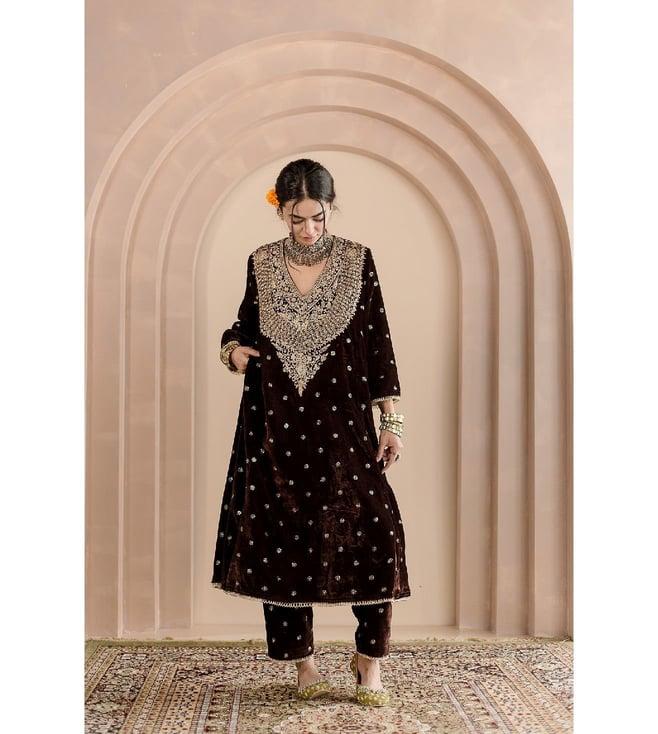 gulabo jaipur brown guldasta chitra stright kurta with pant and dupatta