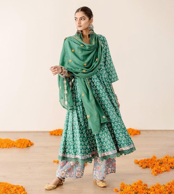 gulabo jaipur green summersky roshan anarkali with pant and dupatta