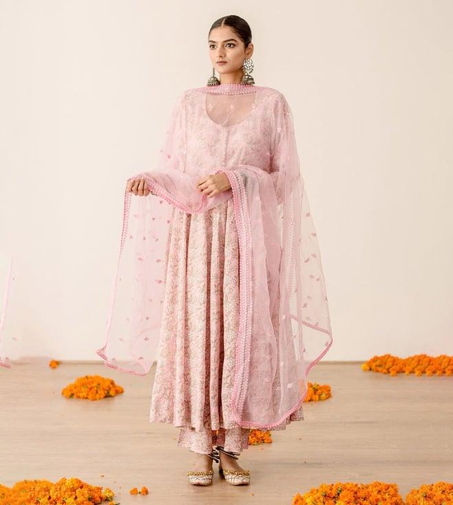 gulabo jaipur peach summersky khushi anarkali with pant and dupatta