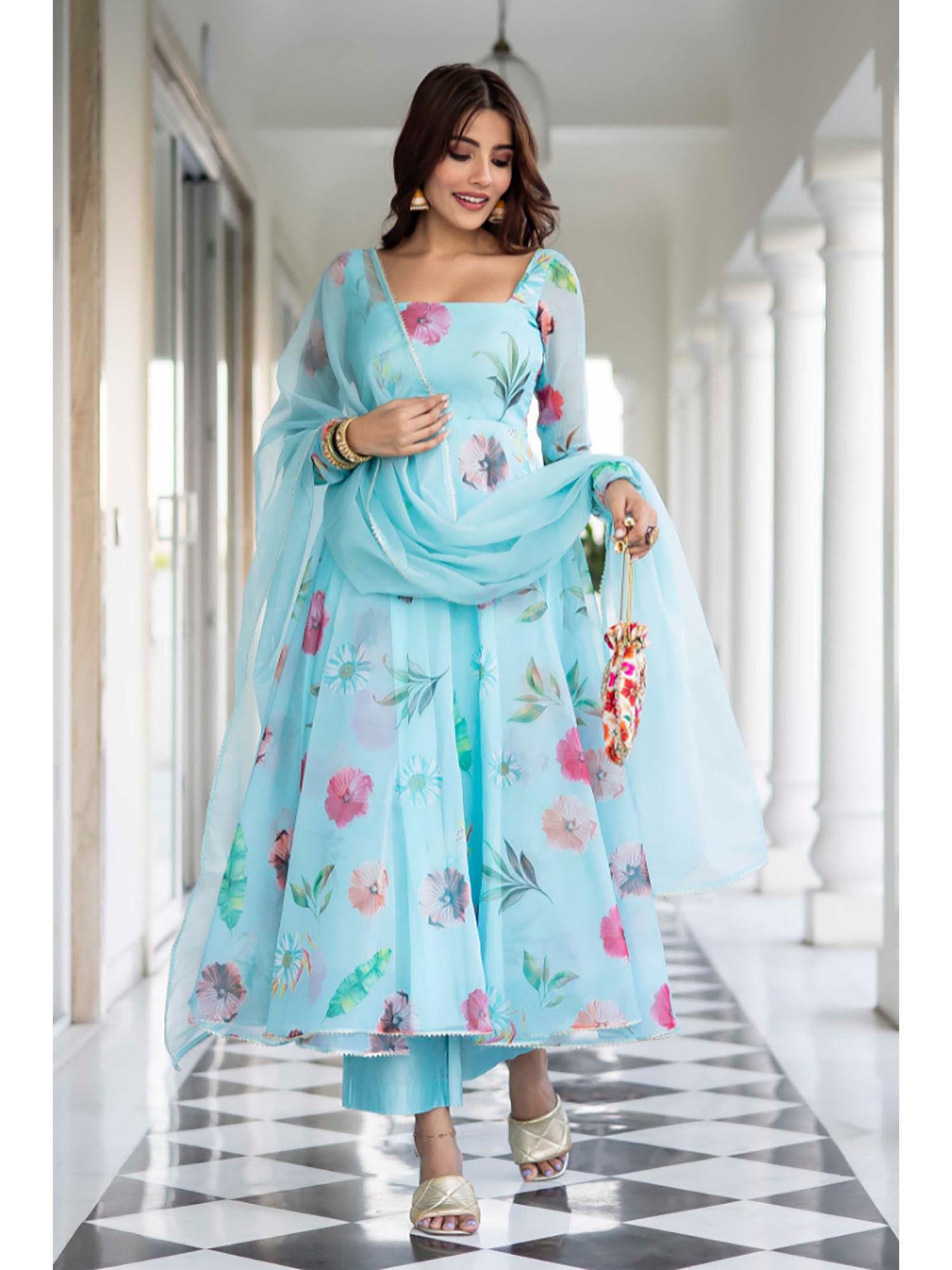 gulbaag blue floral organza anarkali kurta with pants (set of 3)