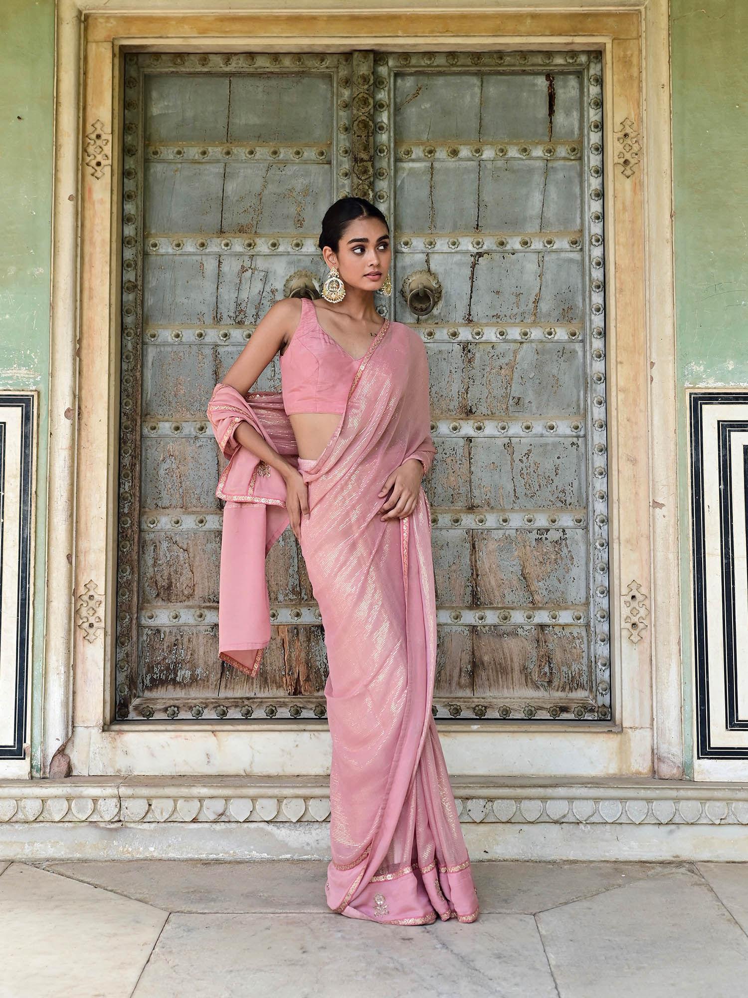 gulbahar pink embellished saree with unstitched blouse