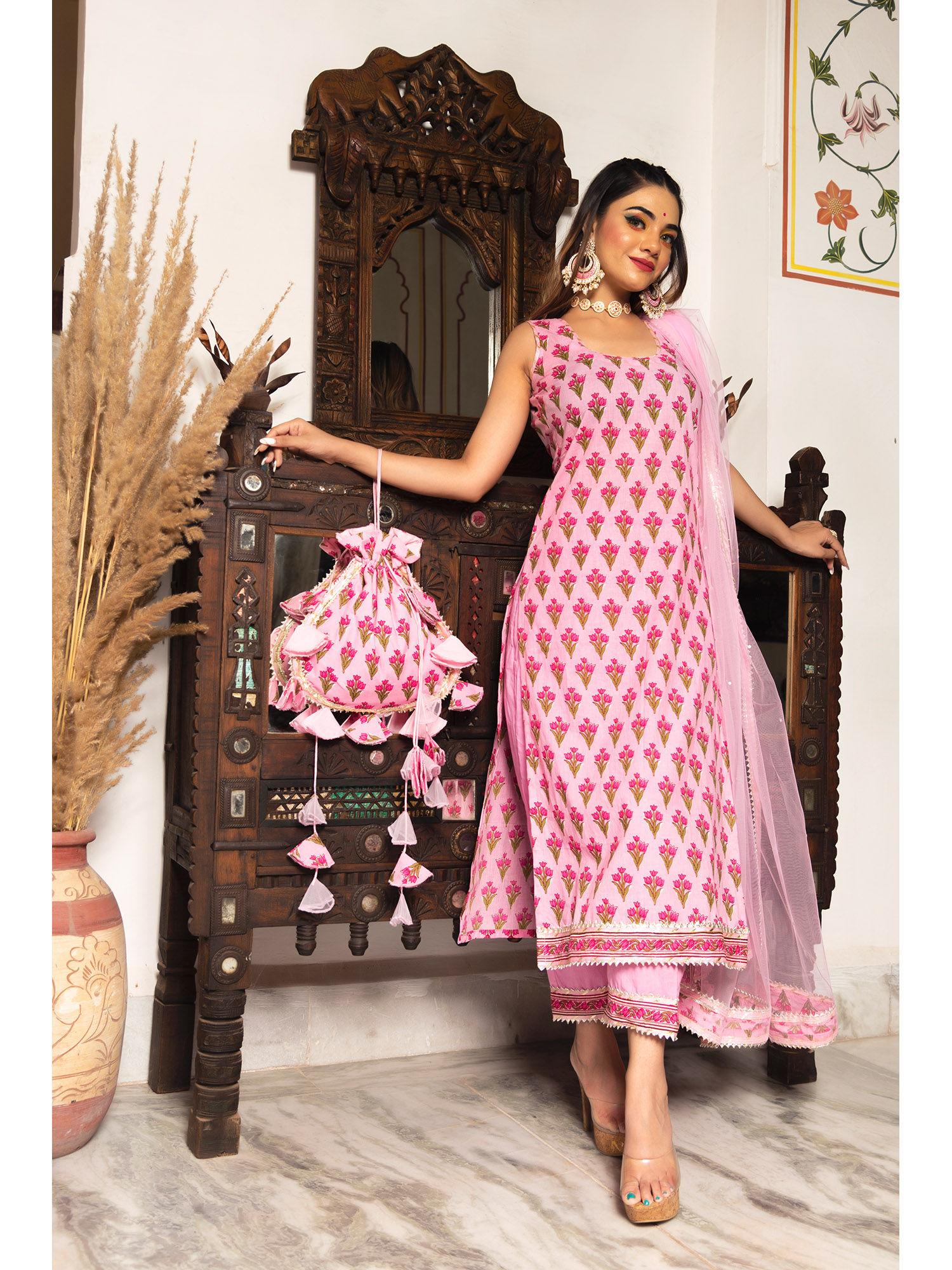 gulbahar pink hand block suit (set of 3)