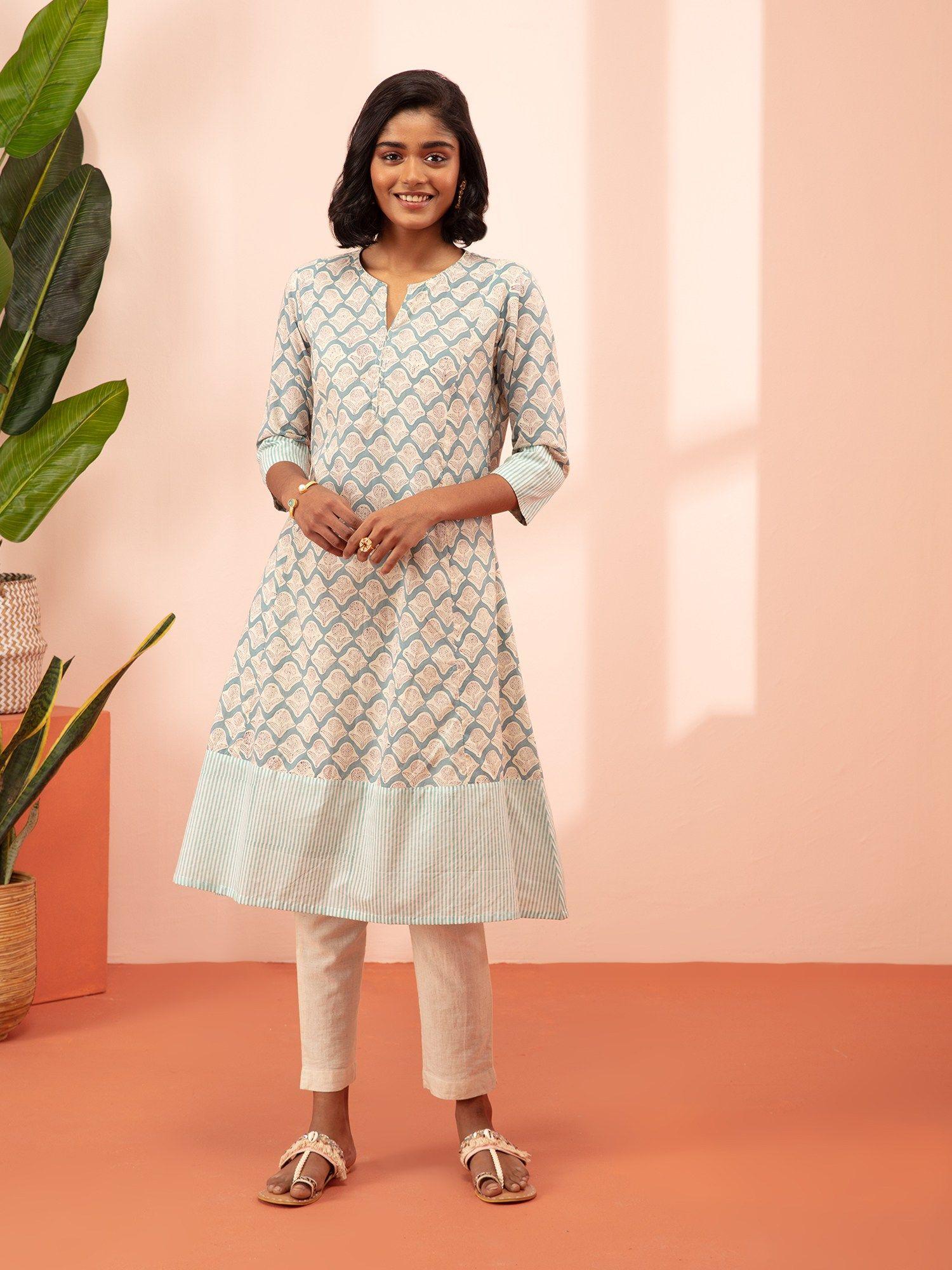 gulbarg blue hand block printed aine kurta likkur143