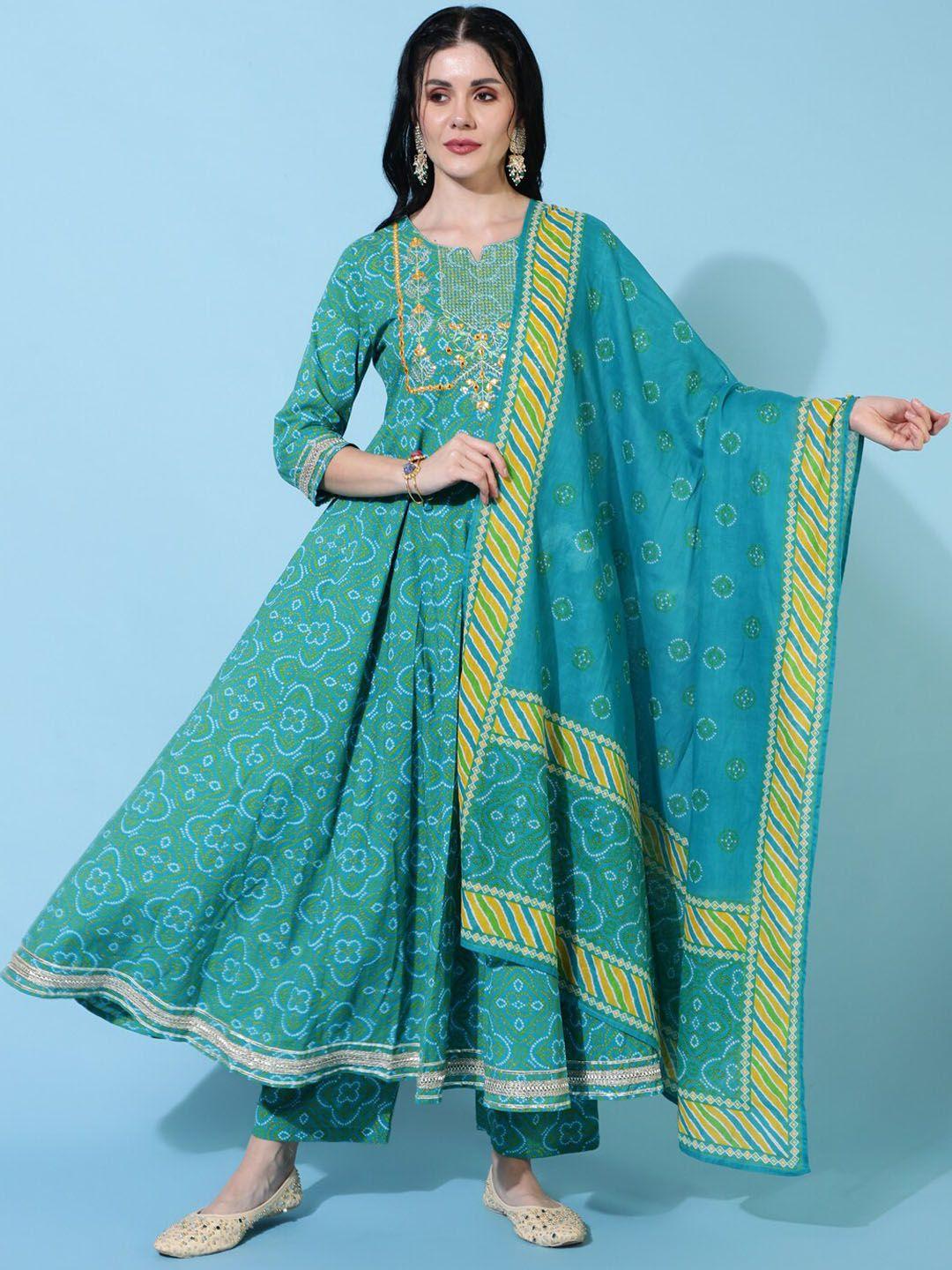 gulmohar jaipur women bandhani printed regular thread work pure cotton kurta with palazzos & with dupatta