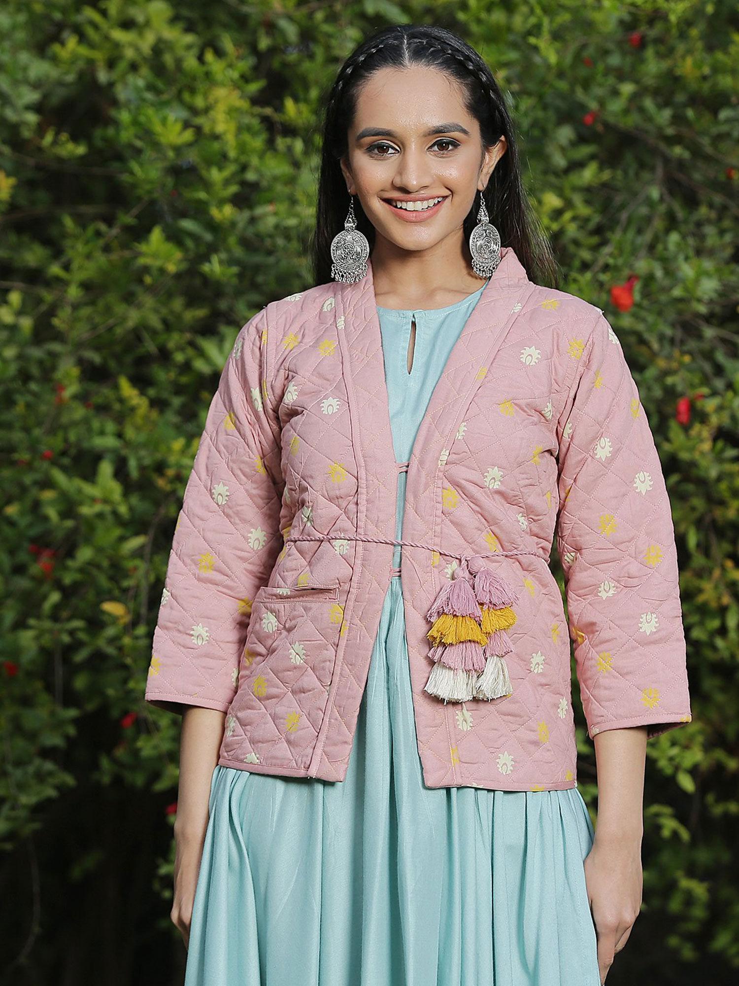 gulmohar baby pink quilted jacket