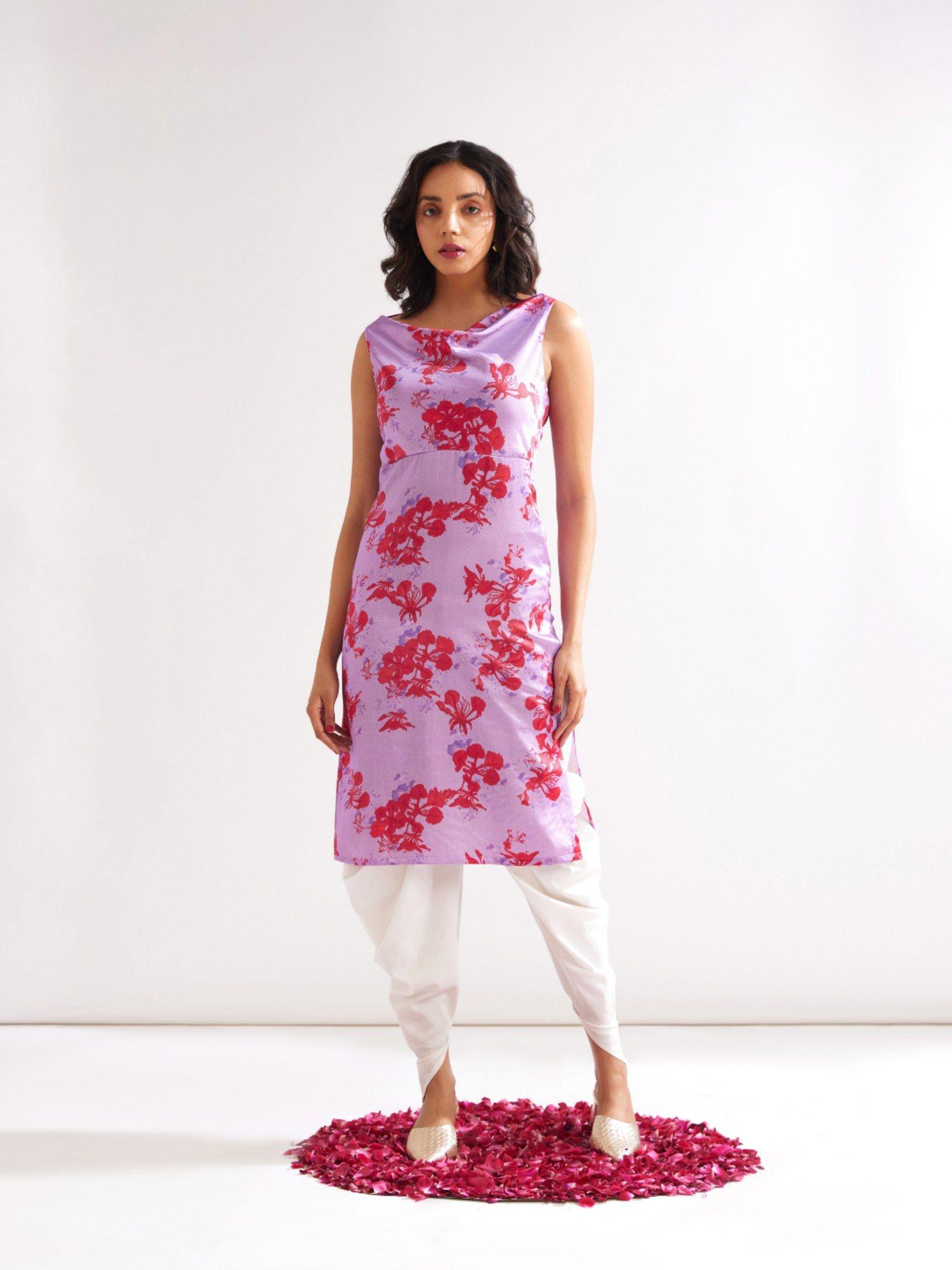 gulmohar back cross drape straight kurta - lavender