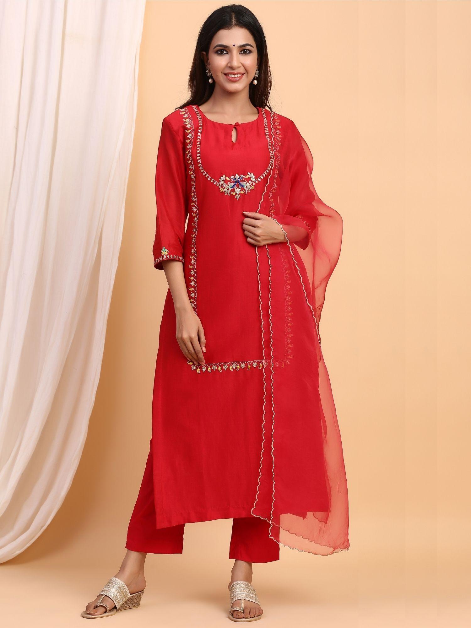 gulmohar chanderi kurta and pant with dupatta (set of 3)