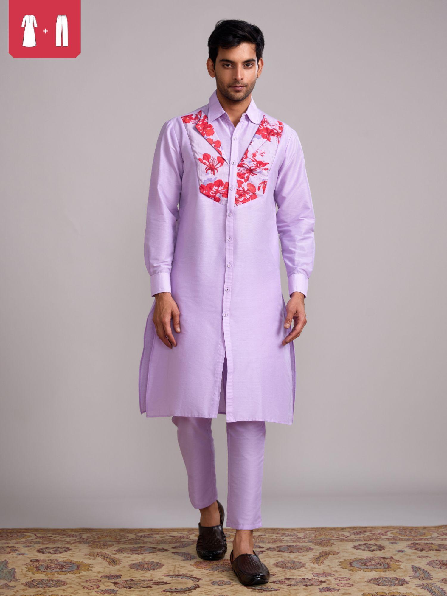 gulmohar classic collar kurta paired with pant- lavender (set of 2)