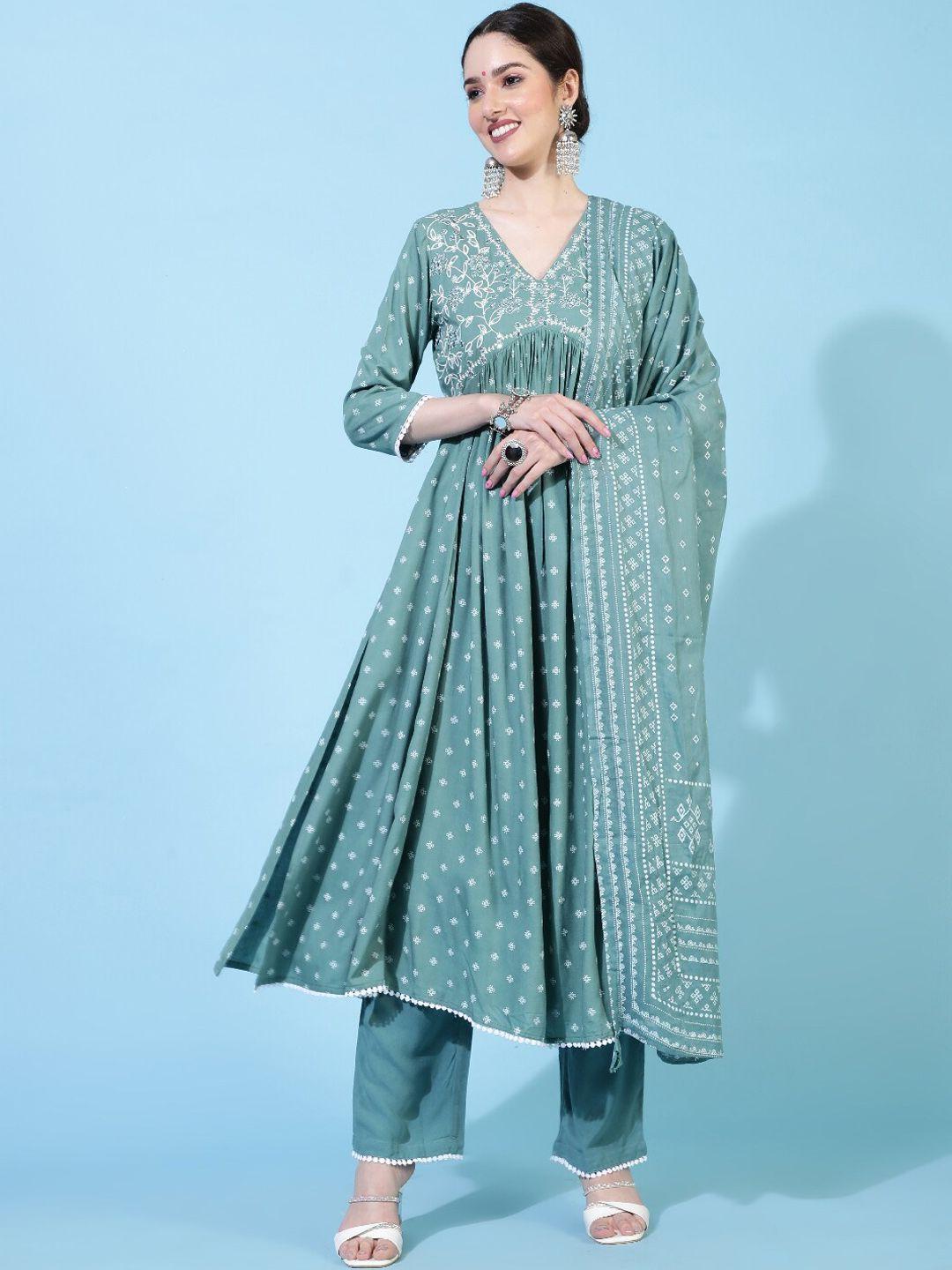 gulmohar jaipur ethnic motifs printed mirror work a-line kurta & trouser with dupatta