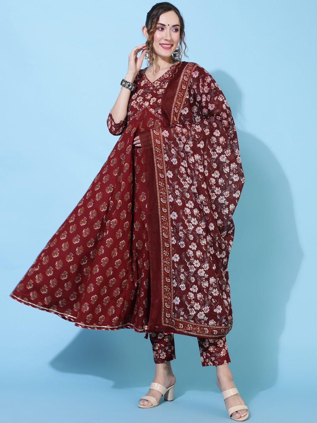 gulmohar jaipur ethnic motifs printed pure cotton anarkali kurta & trouser with dupatta