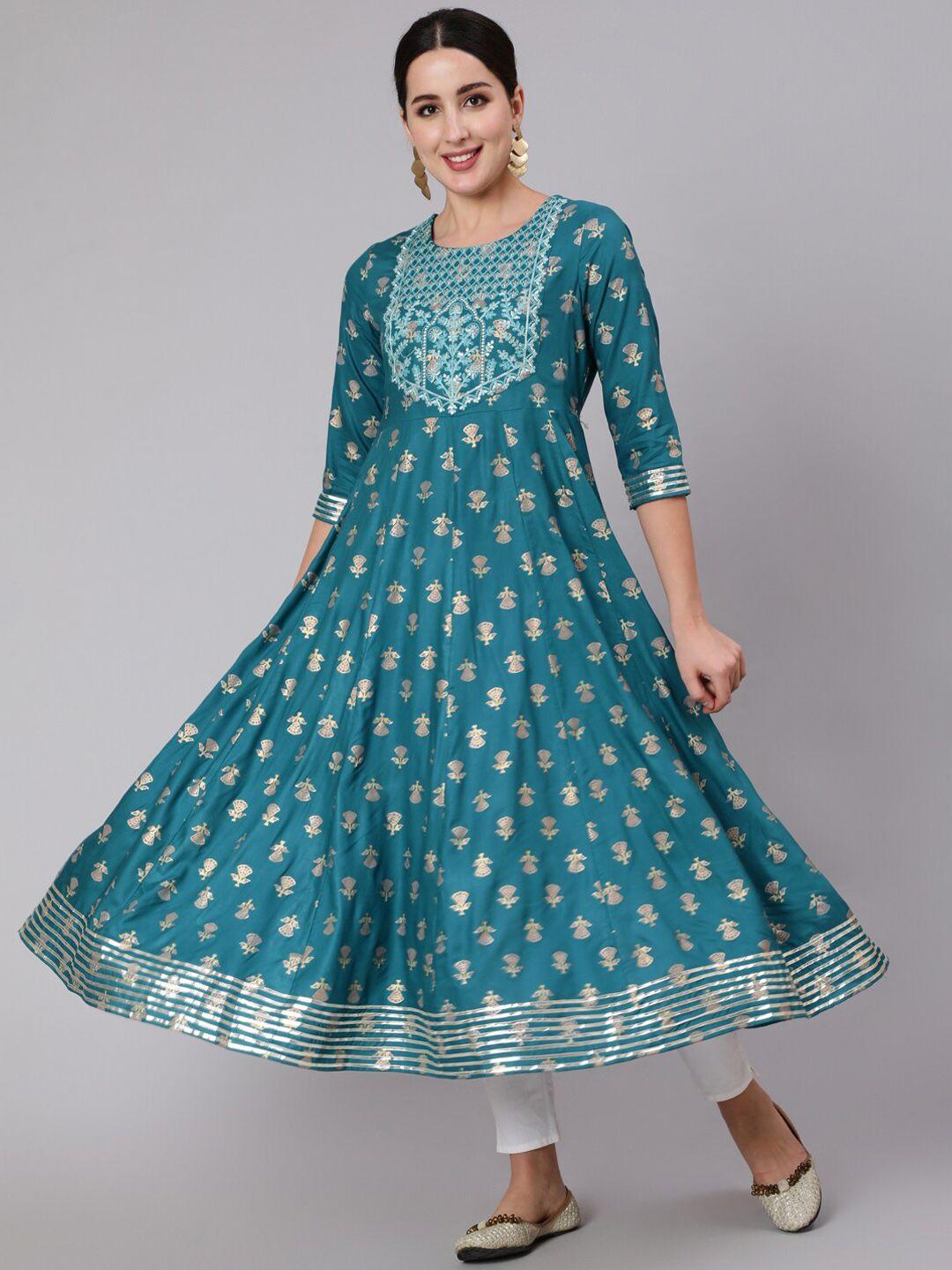 gulmohar jaipur ethnic motifs printed round neck thread work anarkali kurta