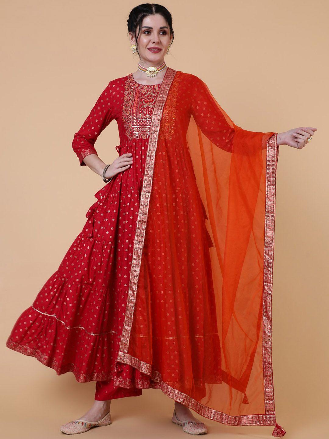 gulmohar jaipur floral printed round neck gotta patti anarkali kurta with dupatta