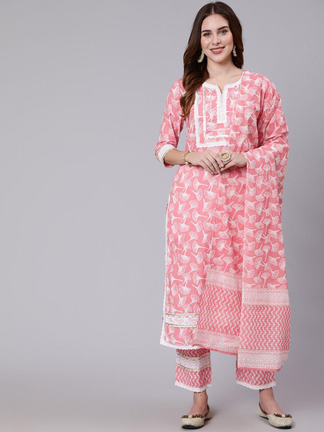 gulmohar jaipur floral printed thread work pure cotton kurta with trousers & dupatta