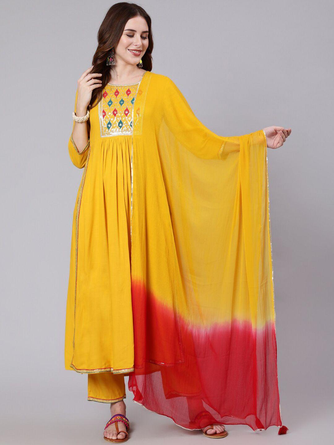 gulmohar jaipur women embroidered pleated sequinned kurta with trousers & dupatta