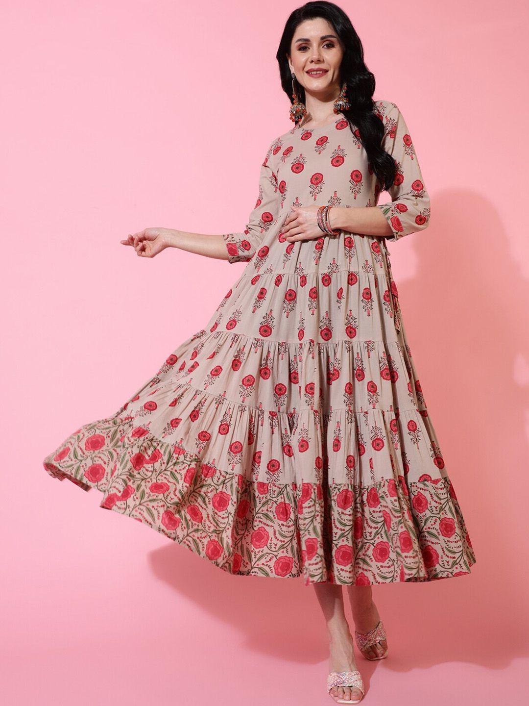 gulmohar jaipur women floral printed flared sleeves mirror work anarkali kurta